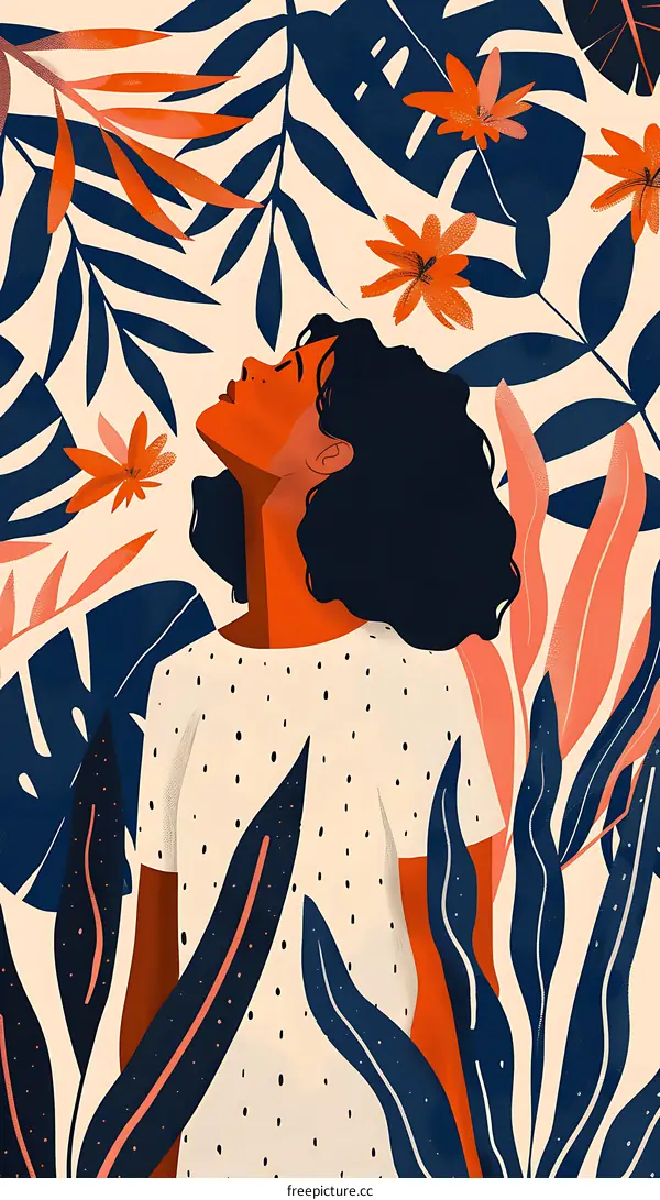 Woman in a Jungle with Tropical Leaves and Flowers