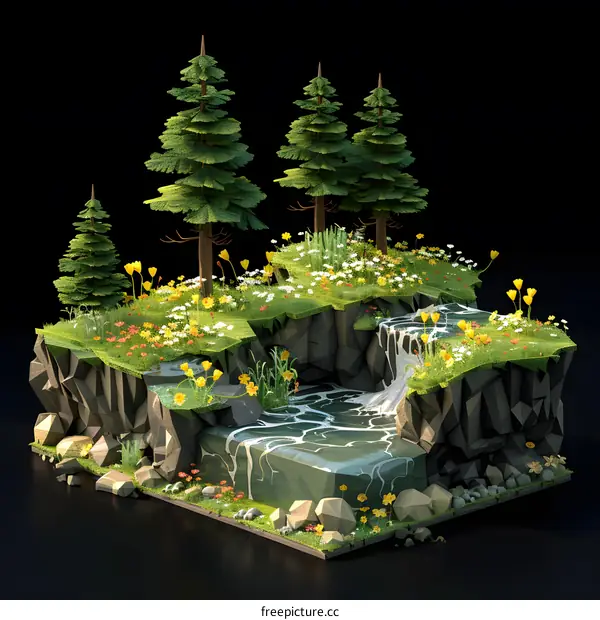 Low Poly 3D Illustration of a Forest Scene with Waterfall