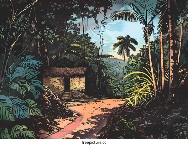 Tropical Jungle Landscape With Small House