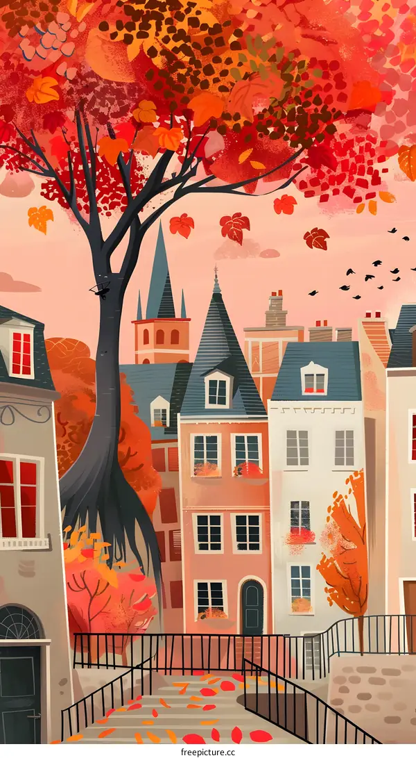 Autumn Leaves Fall on European Town Buildings