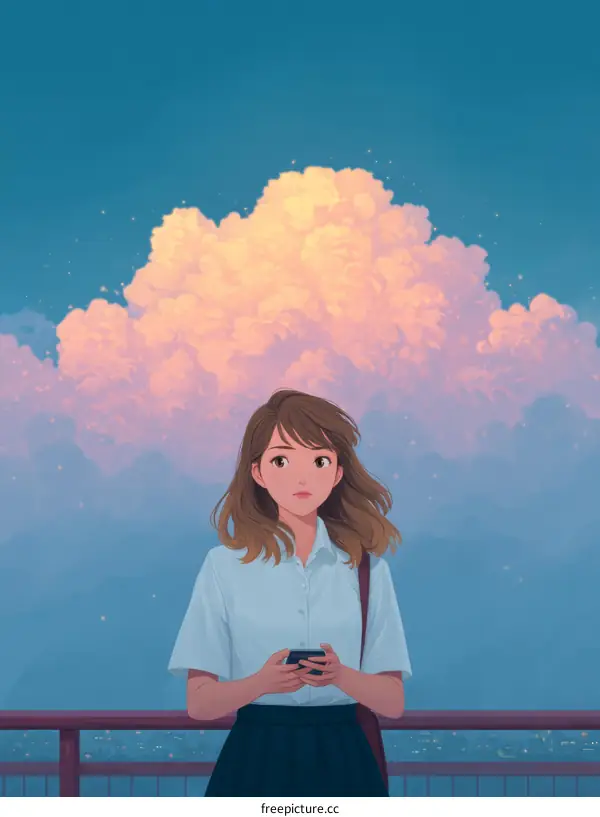 Beautiful girl with a mobile phone under the soft clouds