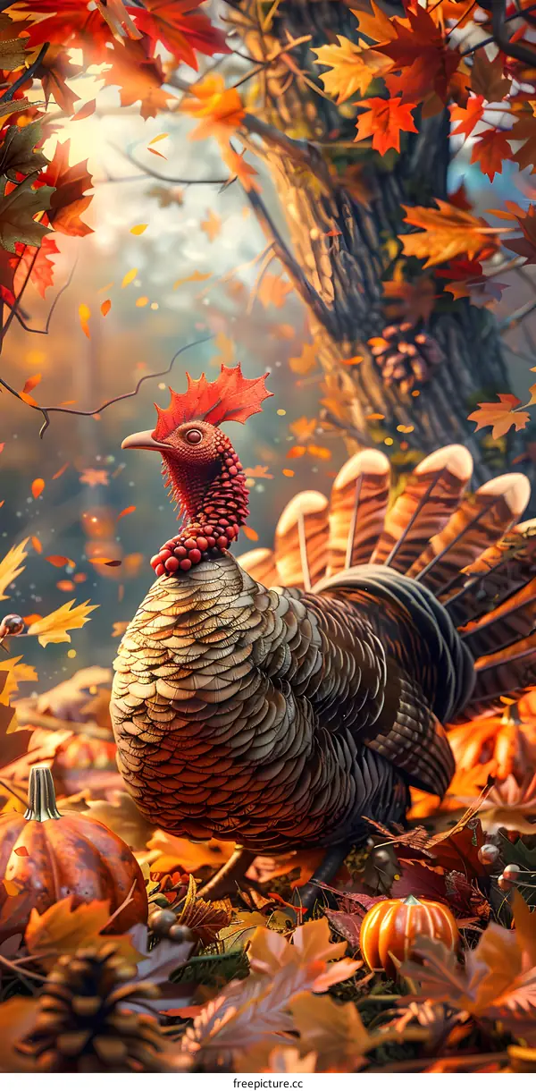 Thanksgiving Turkey in Autumn Forest