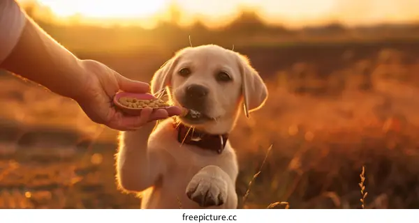Golden Retriever Puppy Eating Food From Hand at Sunset