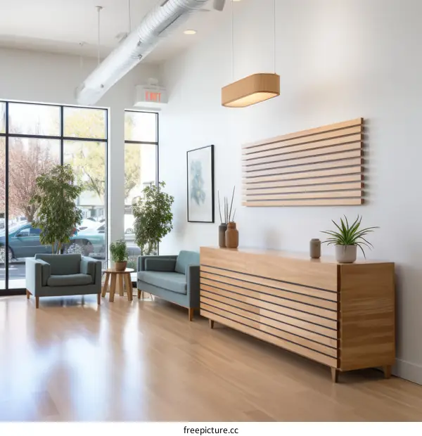 Waiting area with a mid-century modern credenza and blue chairs