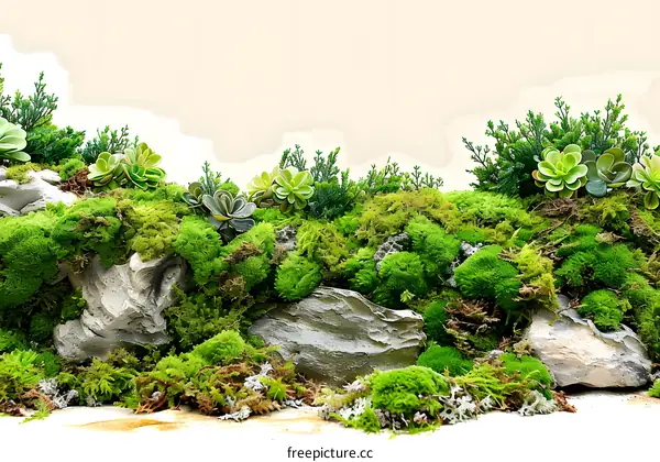 Green Moss Wall with Rocks and Plants