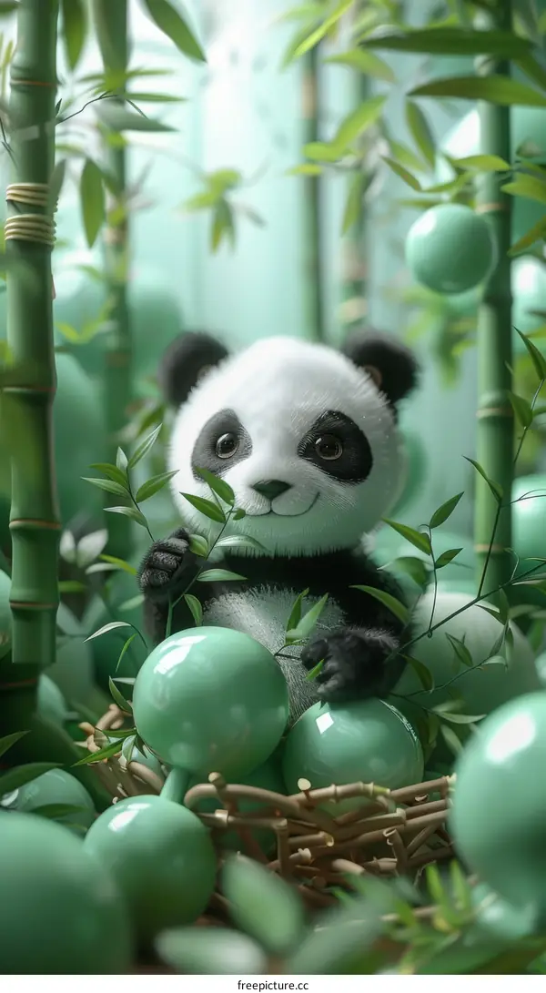 A cute panda sits in a bamboo forest