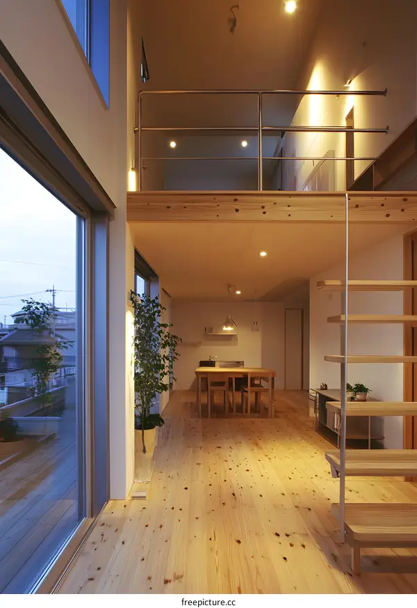 Modern Minimalist Open Floor Plan Home Interior Design With Wooden Flooring and a Loft