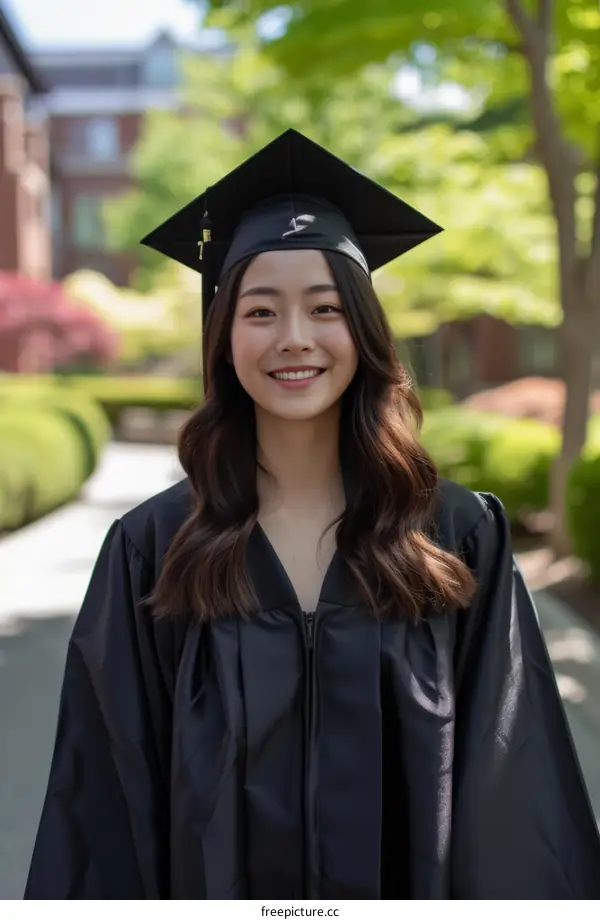 Asian female college graduate in cap and gown smiling