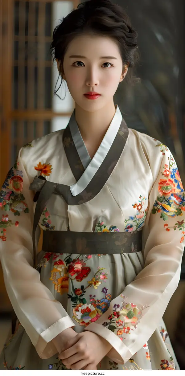 Portrait of a young woman in traditional Korean dress, or Hanbok