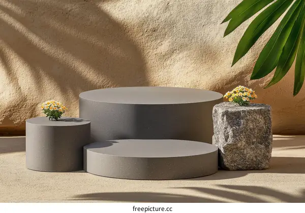 Gray Cylindrical Display Stands with Stone and Flowers