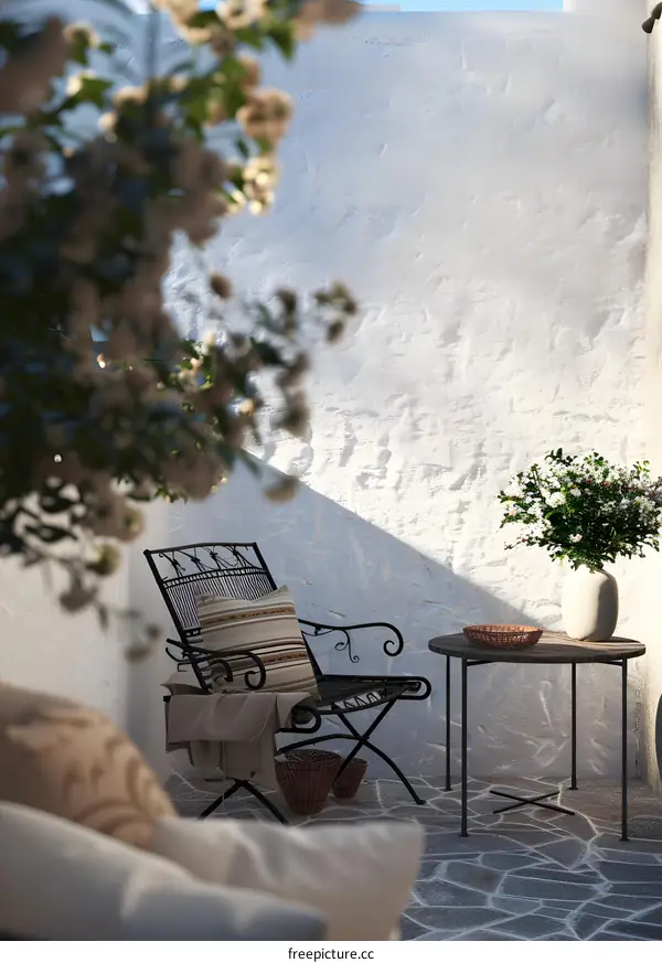 Outdoor Patio with White Wall and Flower Bush