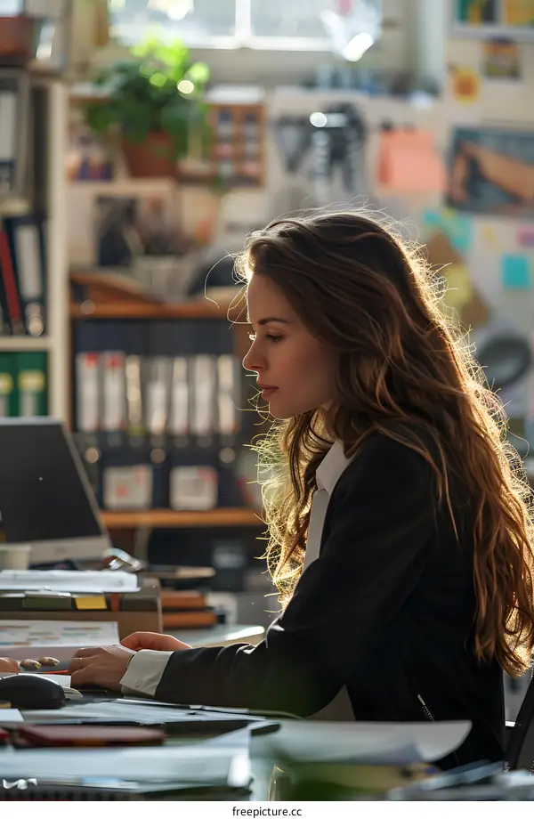 Focused businesswoman working on computer project in modern office