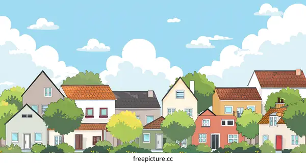 Cartoon Illustration of a Small Town with Houses, Trees, and a Blue Sky