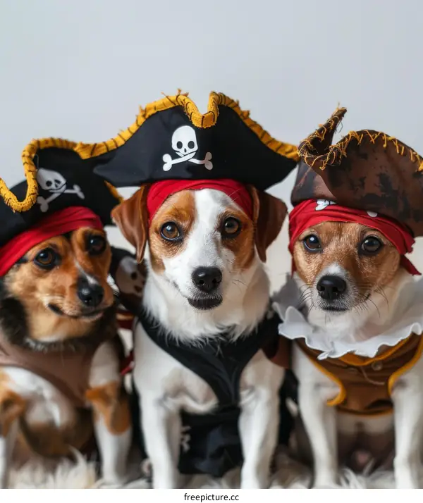Three adorable dogs wearing pirate costumes