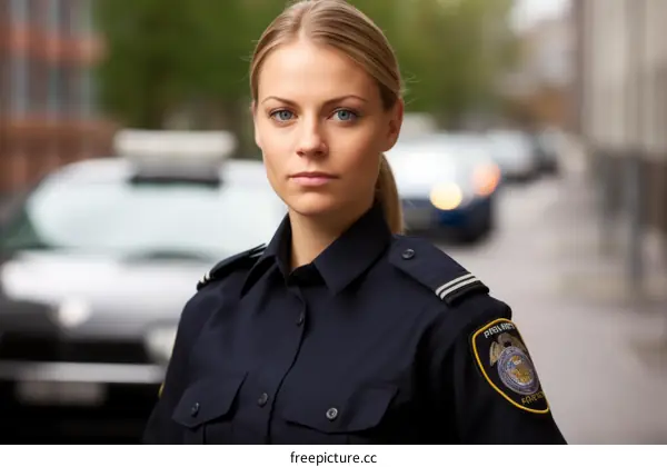 A blonde policewoman in uniform is standing in front of a police car.