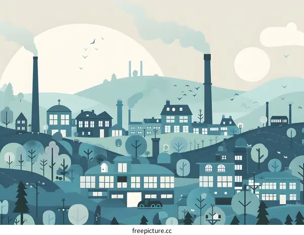 Blue and White Illustration of City Skyline