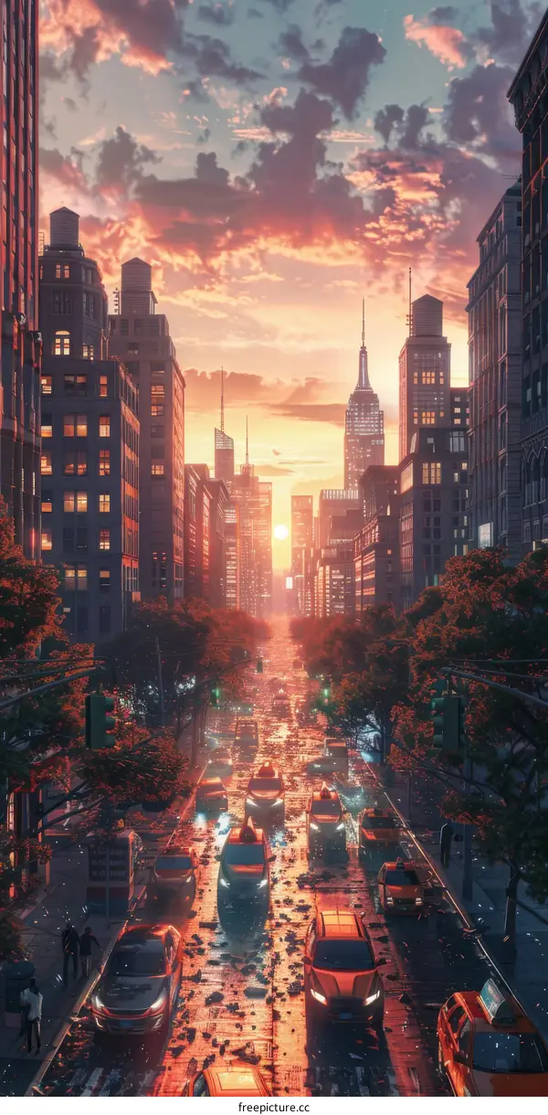 Cityscape Sunset Illustration with Cars