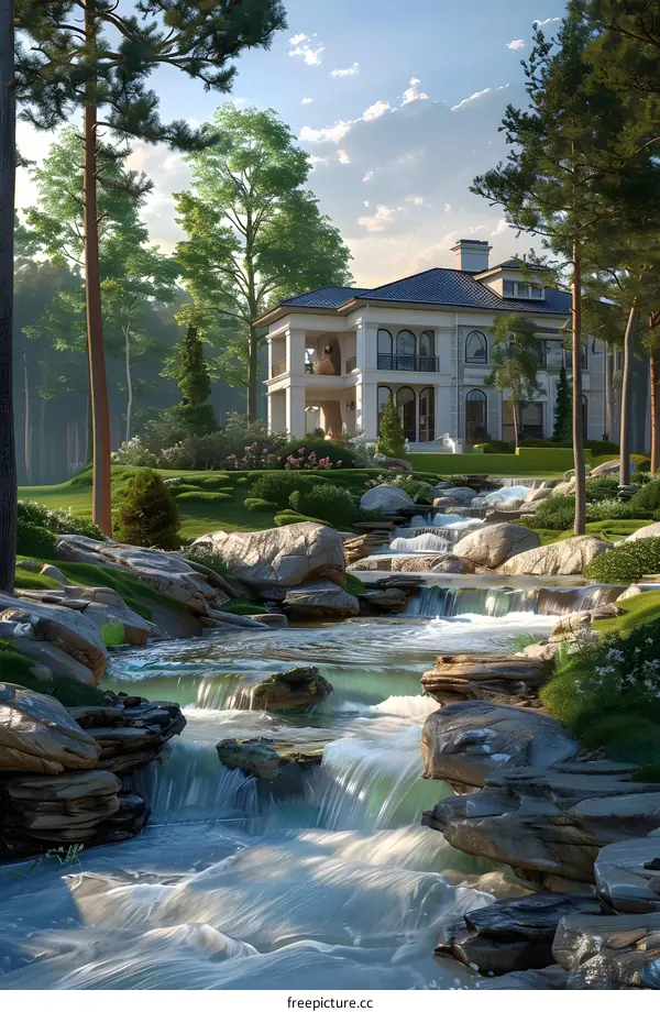 Waterfall and a house in the woods
