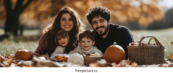 Happy Family Enjoying Fall Picnic In The Park With Pumpkins
