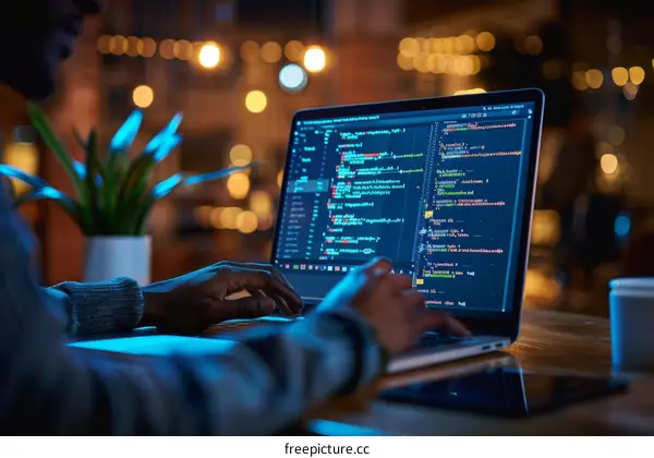 Black software engineer working on a coding project at night