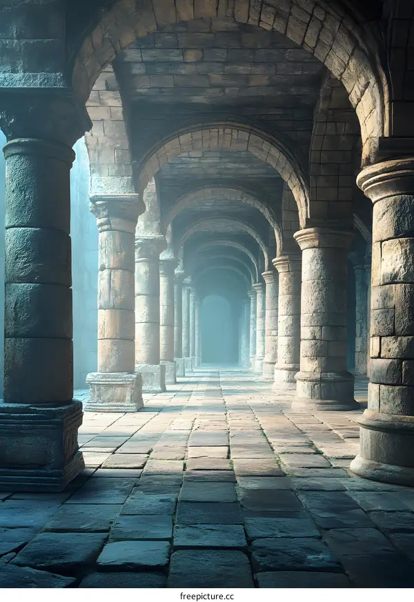 Stone Archway Hallway Leading to Foggy Distance