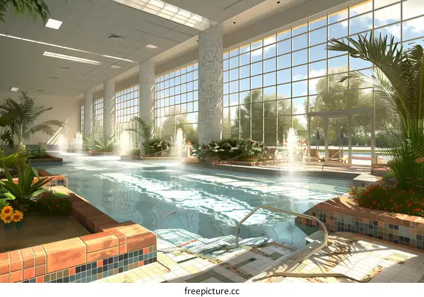 indoor swimming pool with large windows