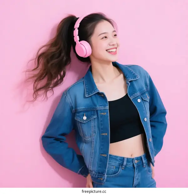 Young Woman Wearing Pink Headphones and Denim Jacket Against Pink Wall