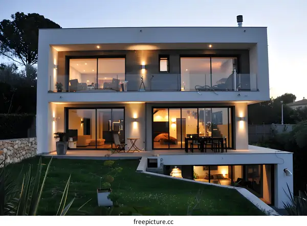 Modern Home Design With Large Windows And Balcony