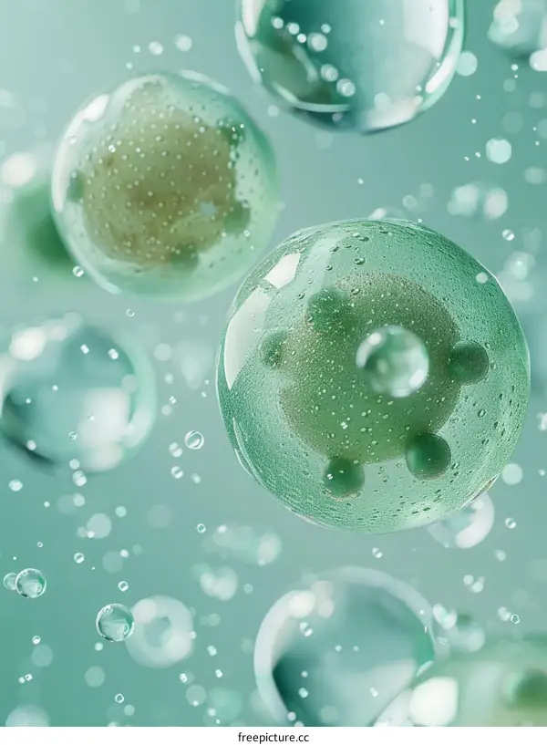 Green virus cells floating in a green background