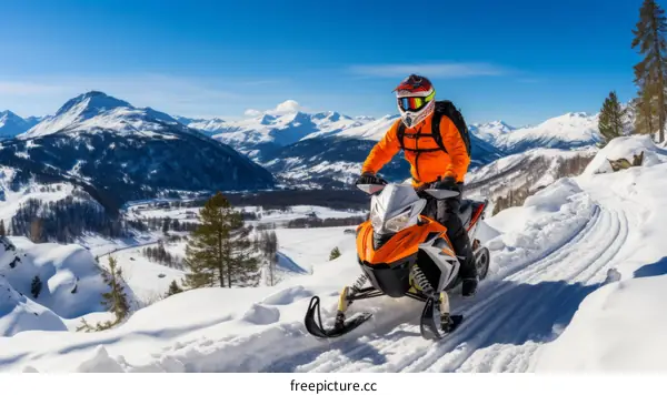 A person riding a snowmobile through a snowy mountain landscape