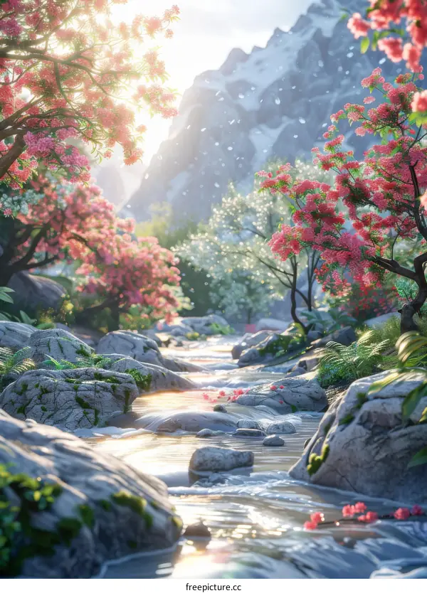 Sakura Trees and Mountain Stream in Valley