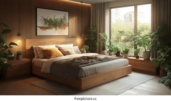 Modern Bedroom Interior with Lush Plants and Natural Light