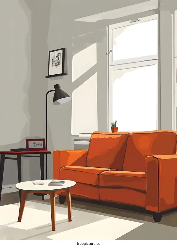 Living Room Illustration with Orange Sofa and Window