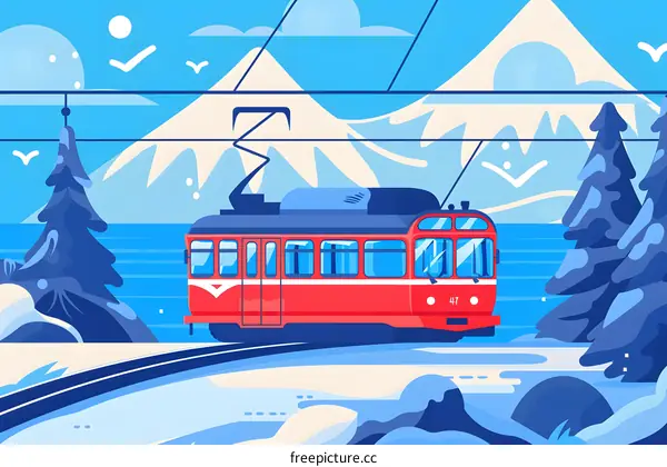 Red Tram in a Winter Landscape