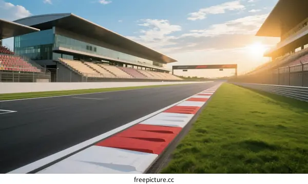 Modern Race Track with Empty Pits and Clear Sky