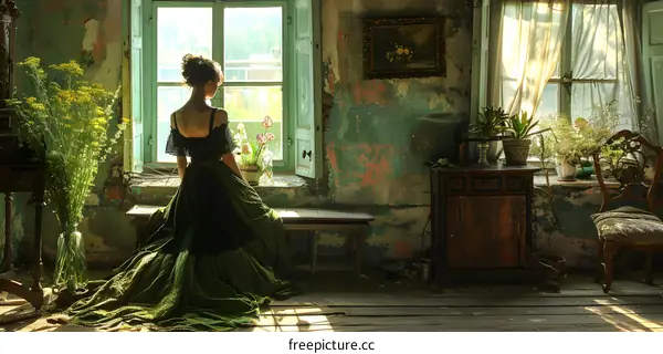 Lady in green dress sitting by the window