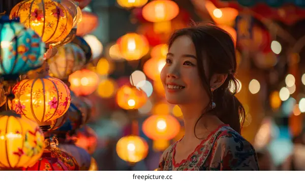 Asian woman looking at paper lanterns in a market