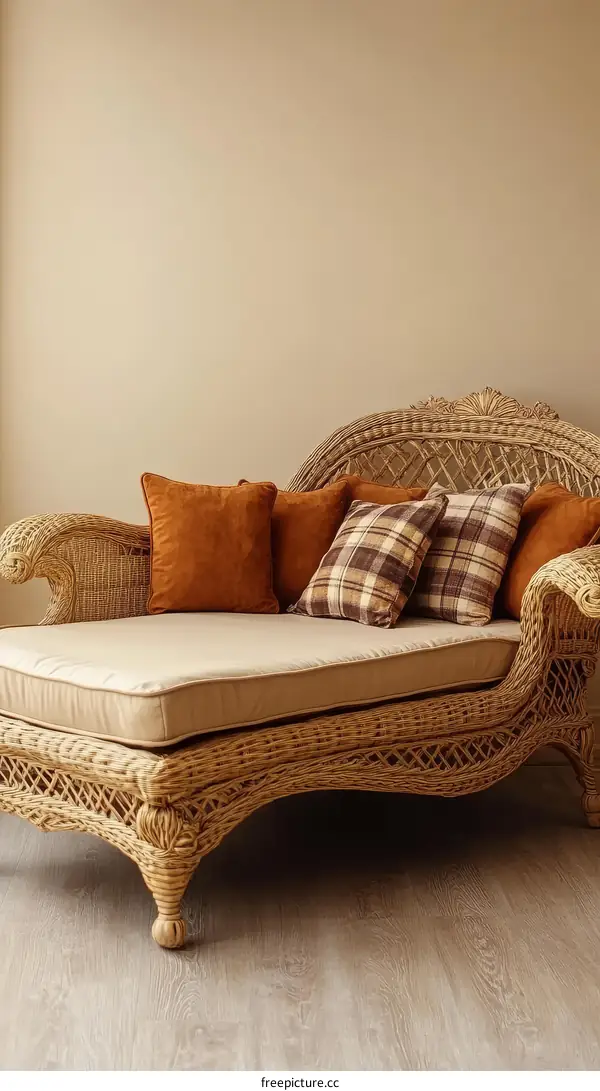Elegant Wicker Chaise Lounge with Pillows