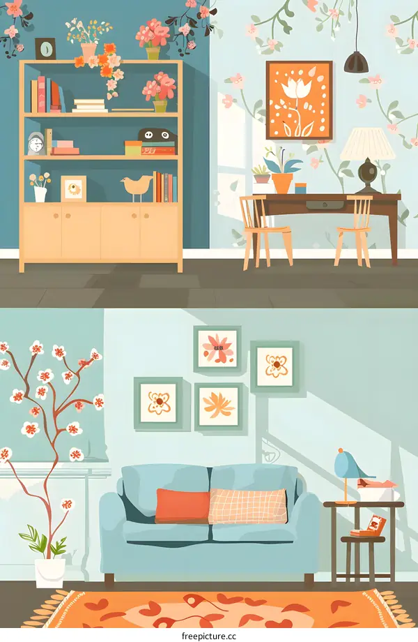 Living Room Interior Design With Colorful Furniture and Floral Decor