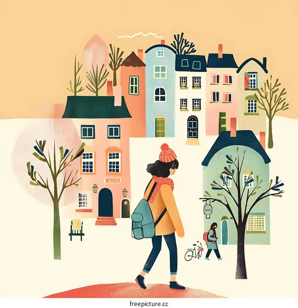 Walking through a Colorful Town with Winter Trees