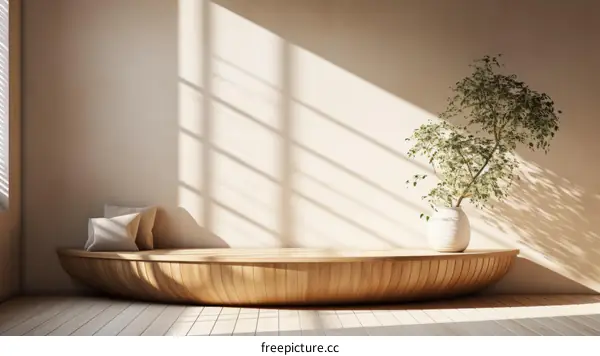 curved wooden bench seat with a potted plant and pillows by the wall with shadow