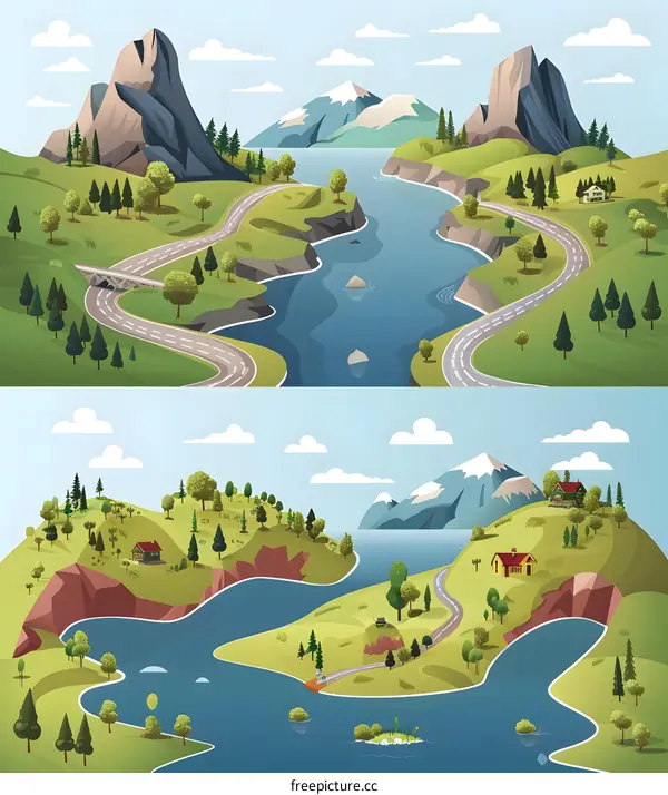 Mountain Lake Landscape with Road and Houses Illustration