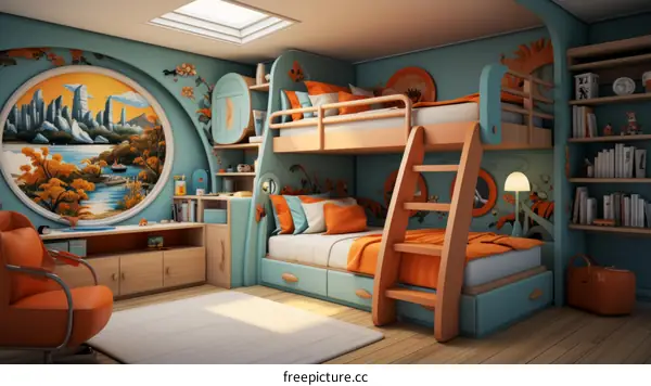 A bedroom with two beds, a desk, and a bookshelf