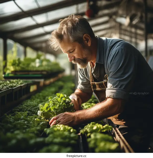 A farmer is carefully tending to his plants in a greenhouse.