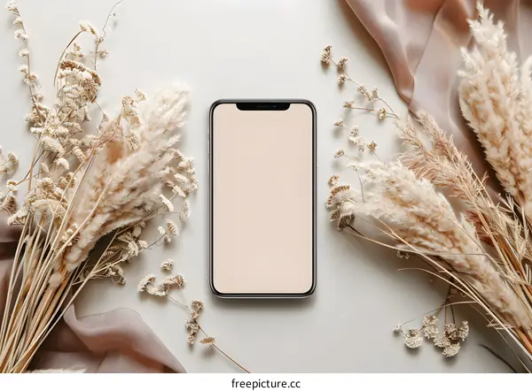 Neutral Color Mockup with Phone and Dried Flowers