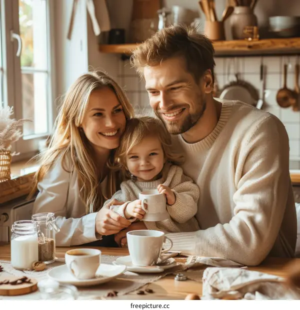 Family of three enjoying a cup of coffee in the kitchen