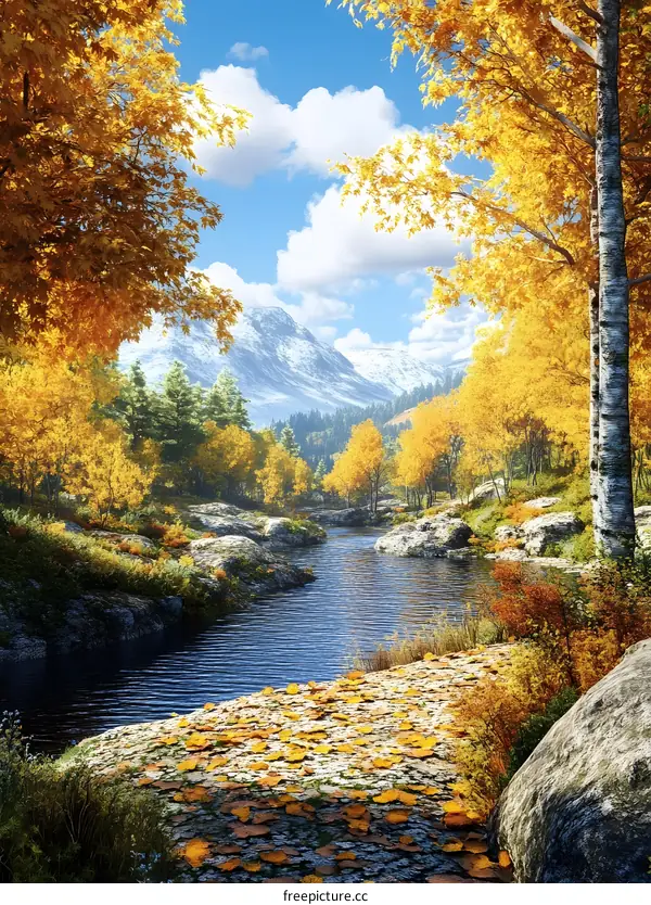 Autumn Landscape With River and Mountains