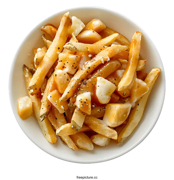 [Transparent Background PNG]A bowl of poutine, a Canadian dish of french fries, cheese curds, and gravy.