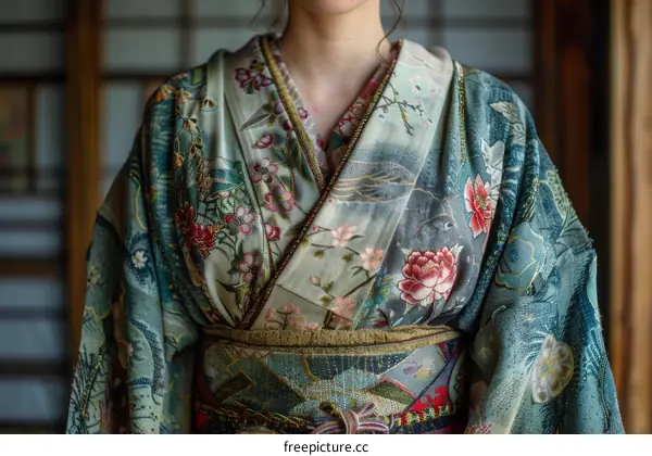 A woman wearing a kimono with floral embroidery.