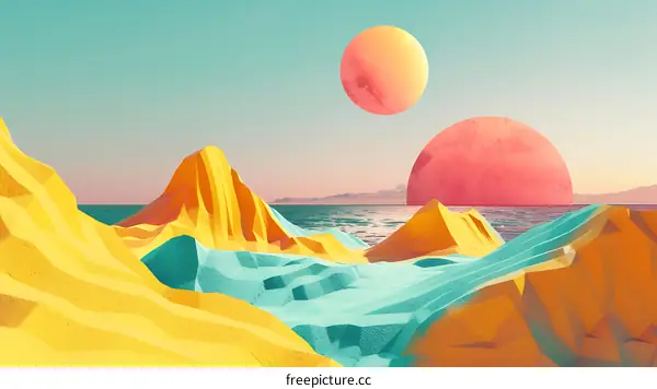 Abstract Low Poly Landscape With Two Suns